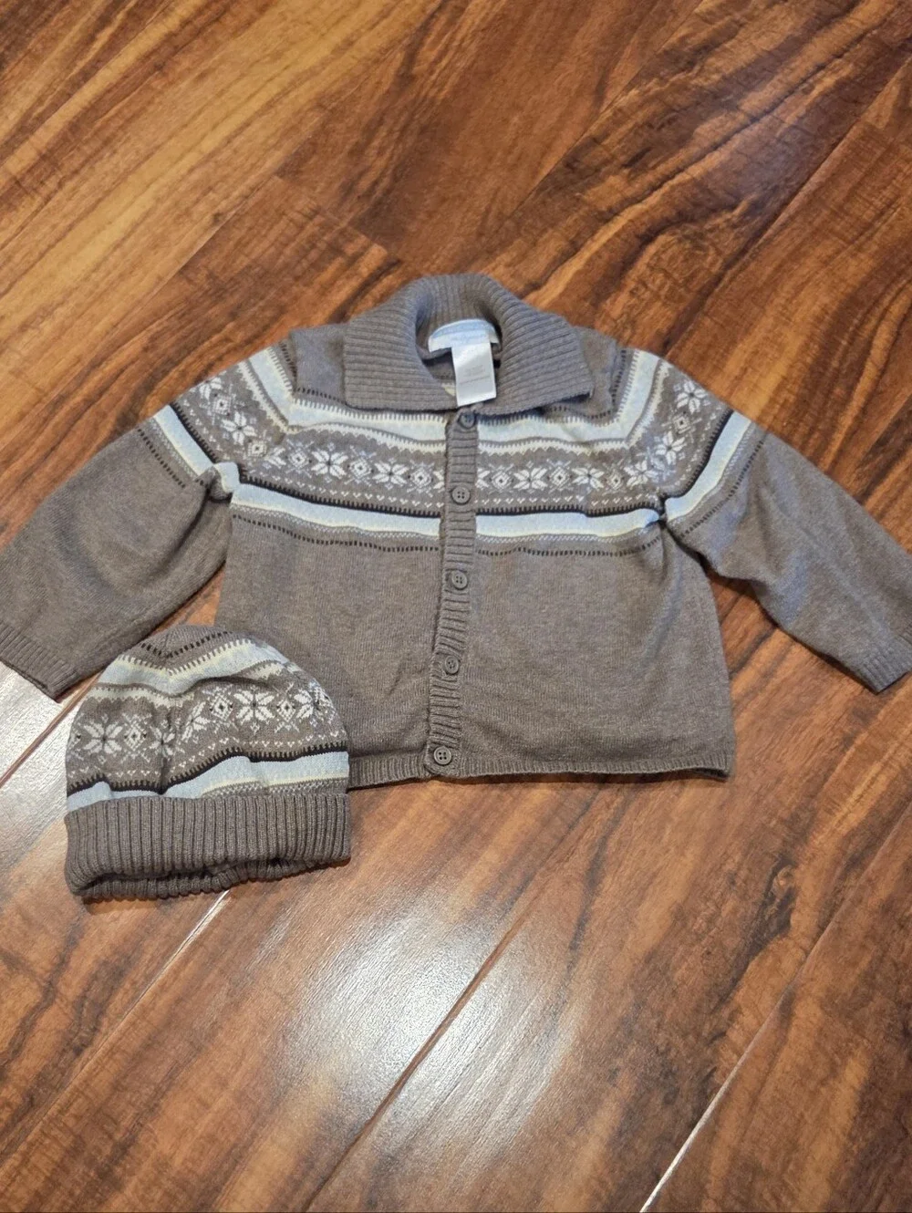 Janie and Jack EUC 12-18 Months Tan Fair Isle Cardigan & Matching Sweater Hat